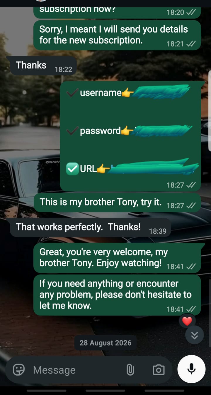 WhatsApp review screenshot from a StreamMax IPTV family subscriber
